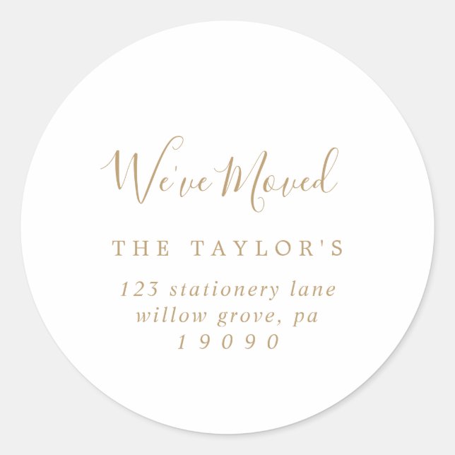 Minimalist Gold We've Moved New Address Envelope Classic Round Sticker (Front)
