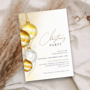 Minimalist Gold White Ornaments Christmas Party Invitation