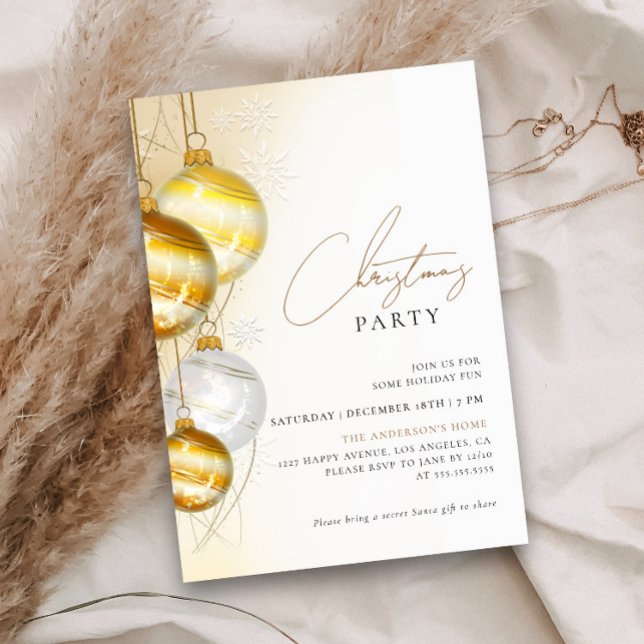 Minimalist Gold White Ornaments Christmas Party Invitation (Creator Uploaded)