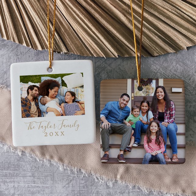 Minimalist Gold Yearly Family Photo Ceramic Ornament (Creator Uploaded)