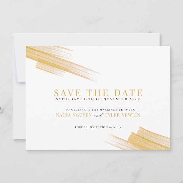 Minimalist golden brown ink strokes photo wedding save the date (Front)