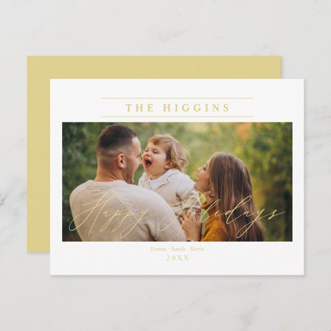 Minimalist Golden Happy Holidays Photo Family Holiday Card (Front/Back)
