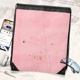 Minimalist Golden Monogram Salmon Pink Aeroplane Drawstring Bag