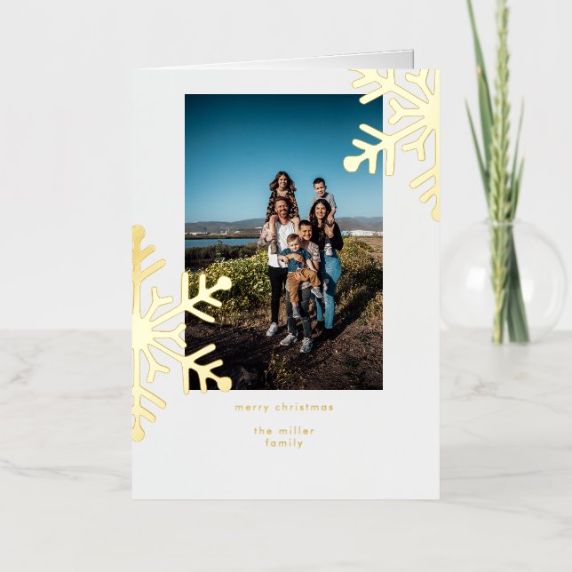 Minimalist Golden Snowflakes Merry Christmas Photo Foil Holiday Card (Front)