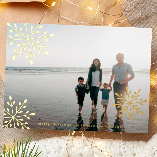 Minimalist Golden Snowflakes Merry Christmas Photo Foil Holiday Card (Creator Uploaded)