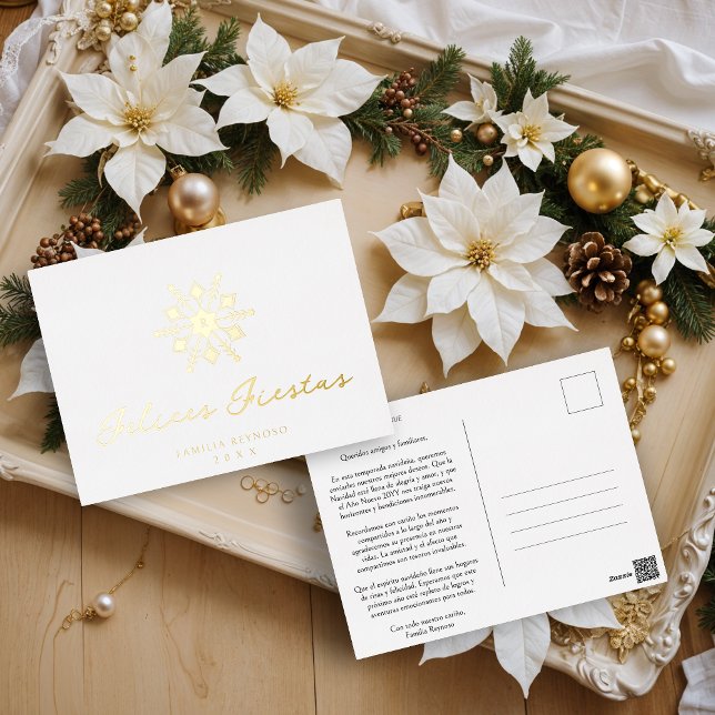 Minimalist Golden Spanish Modern Snowflake Initial Foil Holiday Postcard (Discover the elegance of our golden snowflake cards.)