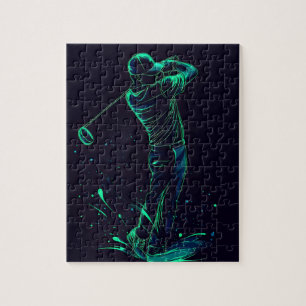 Minimalist Golfer Green Glow Silhouette Jigsaw Puzzle