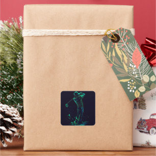 Minimalist Golfer Green Glow Silhouette Square Sticker