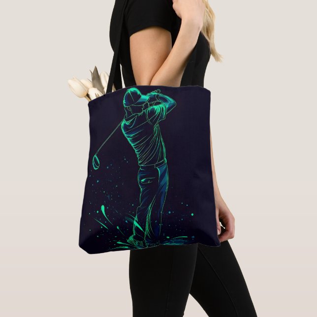 Minimalist Golfer Green Glow Silhouette Tote Bag (Close Up)