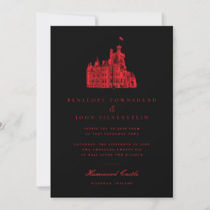 Minimalist Gothic Castle Black Red Wedding Invitation