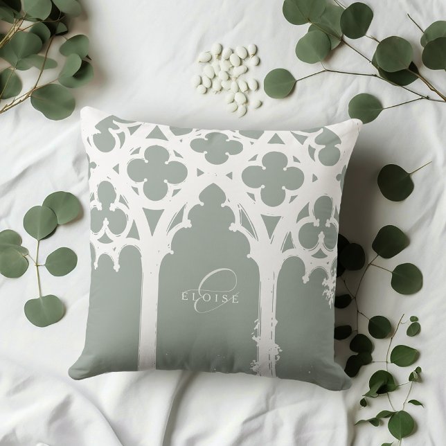 Minimalist Gothic Window Calligraphy Pale Olive Cushion (Creator Uploaded)