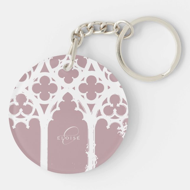 Minimalist Gothic Window Calligraphy Pale Pink Key Ring (Back)