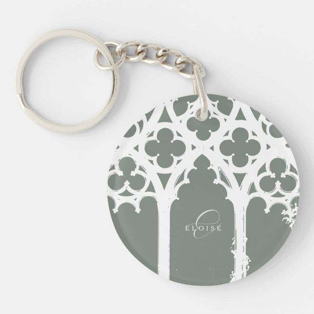 Minimalist Gothic Window Calligraphy Sage Green Key Ring (Front)