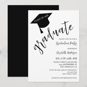 Minimalist Grad Cap Black & White Graduation Invitation