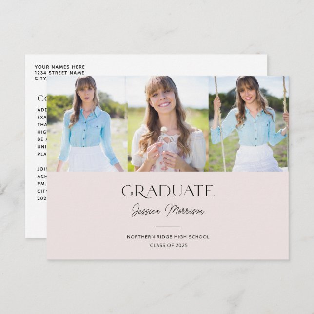 Minimalist Graduate Blush Pink 3-Photos Graduation Postcard (Front/Back)