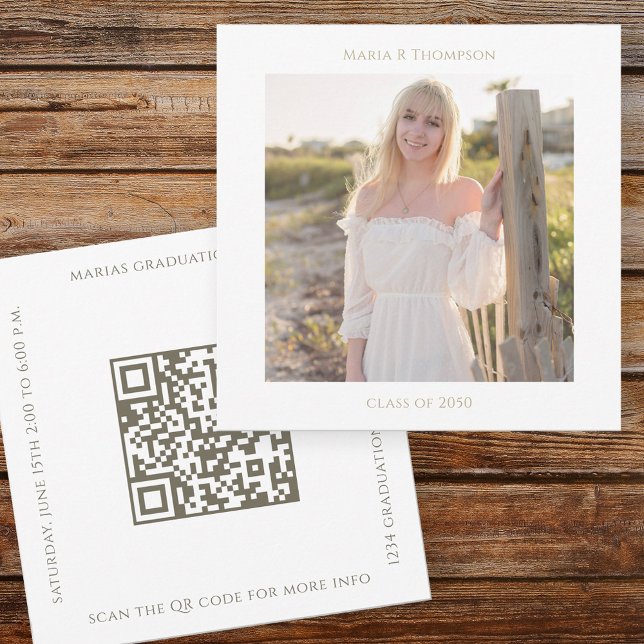 Minimalist Graduate Modern Simple Gold QR Code Invitation (Minimalist gold typography graduation photo design with clean layout.)