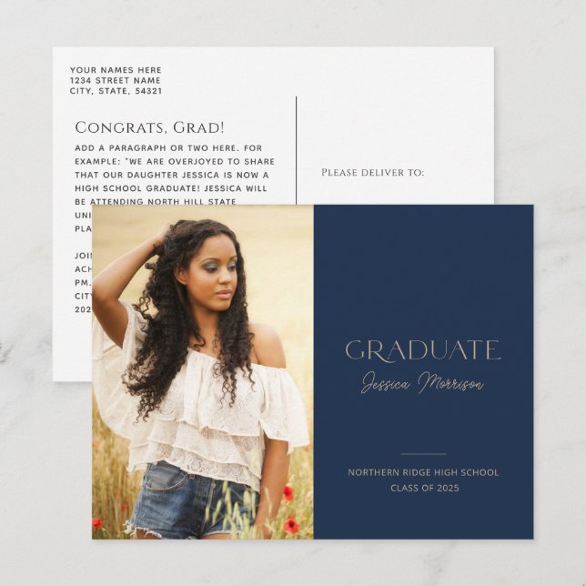 Minimalist Graduate Navy Blue 1-Photo Graduation Postcard (Front/Back)