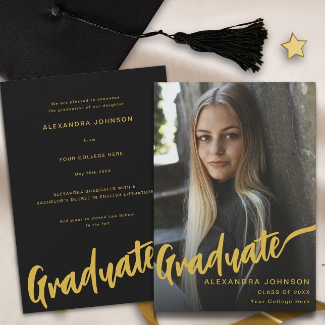 Minimalist Graduate Photo Gold Script Black  Announcement (Minimalist graduate photo stylish gold script black Graduation announcement card)