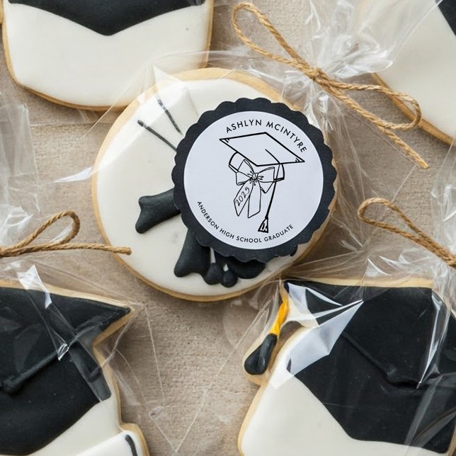Minimalist Graduation Cap with Bow Classic Round Sticker (Graduation Cap and Bow Sticker)