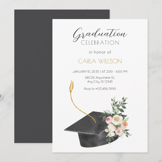 Minimalist graduation cap with flowers  invitation (Front/Back)