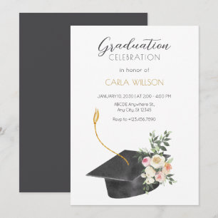 Minimalist graduation cap with flowers  invitation