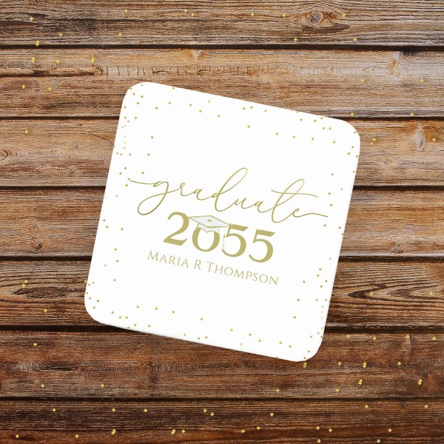 Minimalist Graduation Gold Modern Calligraphy Square Paper Coaster (Creator Uploaded)