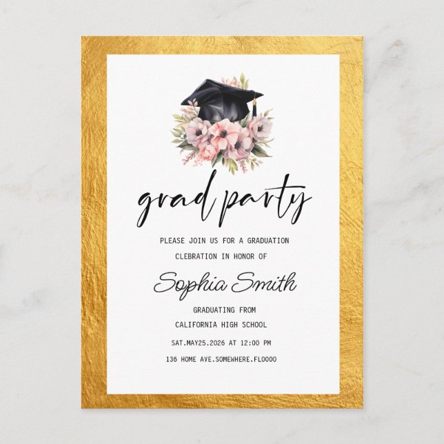 Minimalist  Graduation Invitation, Elegant gold Postcard (Front)