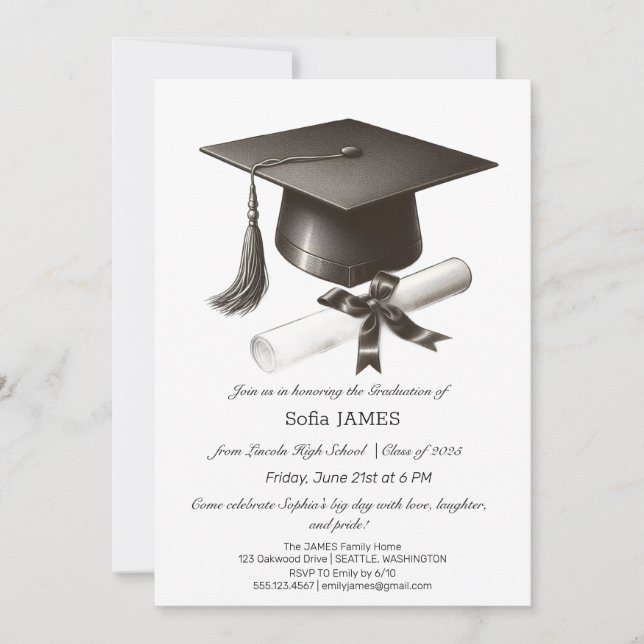 Minimalist Graduation Party Invitation with Black  (Front)