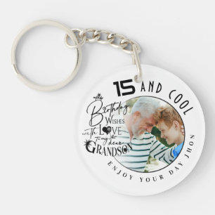 Minimalist Grandson Birthday Lettering Photo Key Ring