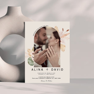 Minimalist grass floral arch photo wedding  invitation