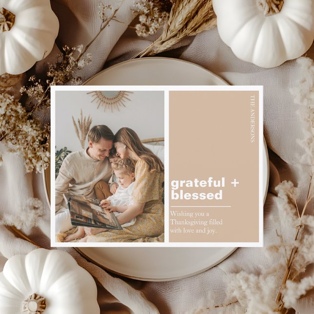 Minimalist Grateful + Blessed Thanksgiving Photo  Postcard (Creator Uploaded)
