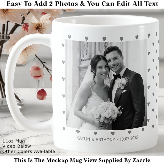 Minimalist Gray Hearts Custom Wedding Two Photos Coffee Mug (Creator Uploaded)