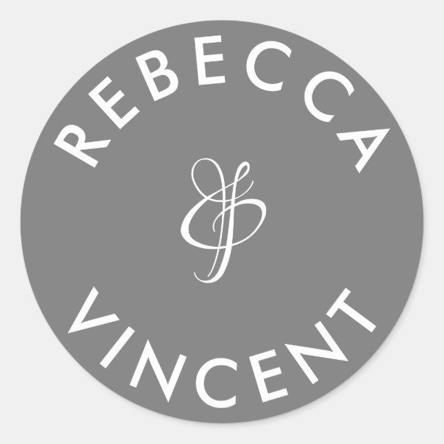 Minimalist Gray Wedding Personalized Names Classic Round Sticker (Front)