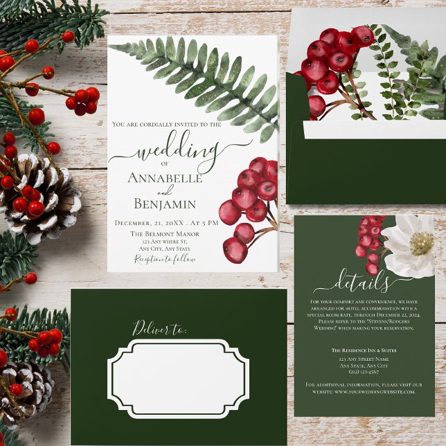 Minimalist Green and Berry Floral Ferns Wedding  Invitation (Creator Uploaded)