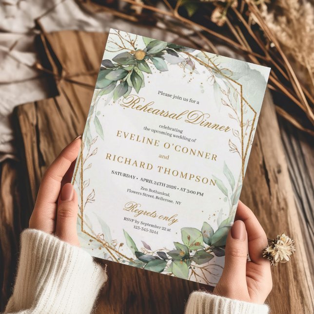 Minimalist green and gold wedding rehearsal invitation (Watercolor dusty green eucalyptus and gold rehearsal dinner invitation )