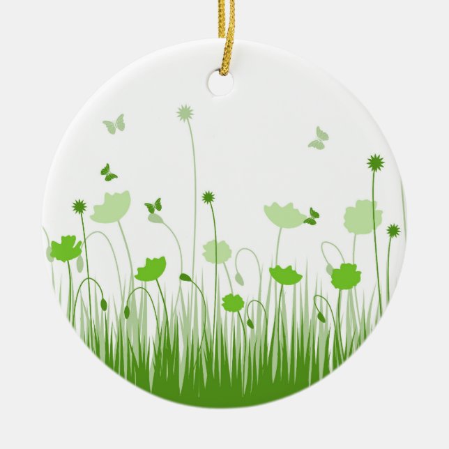 Minimalist Green and White Poppies Meadow Floral Ceramic Ornament (Front)