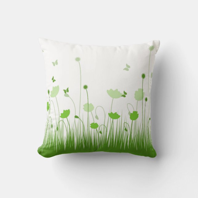 Minimalist Green and White Poppies Meadow Floral Cushion (Front)