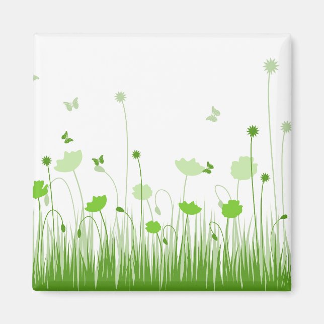 Minimalist Green and White Poppies Meadow Floral Magnet (Front)