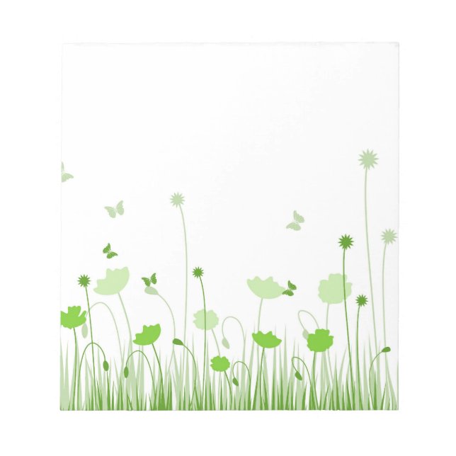 Minimalist Green and White Poppies Meadow Floral Notepad (Front)
