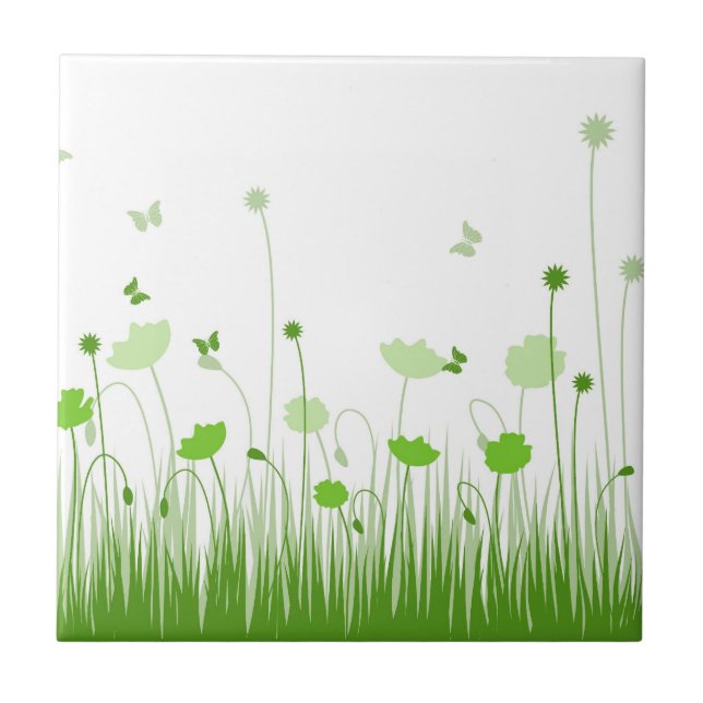 Minimalist Green and White Poppies Meadow Floral Tile (Front)