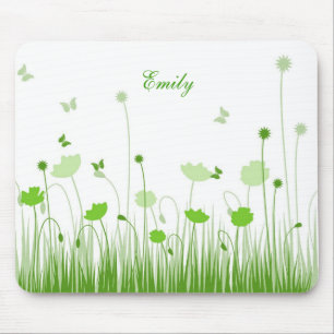 Minimalist Green and White Poppies Meadow Name Mouse Pad