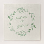 Minimalist Green Botanical Wreath Personalised Jigsaw Puzzle<br><div class="desc">This stylish puzzle showcases a beautiful minimalist botanical watercolor wreath in soft green tones, perfect for adding a touch of nature-inspired elegance. Personalise it with your names and special date to create a thoughtful and memorable keepsake. Ideal for celebrating weddings, anniversaries, or any special occasion, this puzzle is a unique...</div>