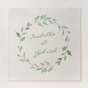 Minimalist Green Botanical Wreath Personalised Jigsaw Puzzle