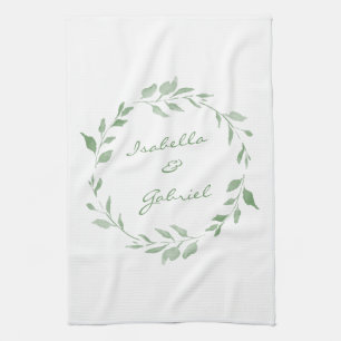 Minimalist Green Botanical Wreath Personalised Tea Towel