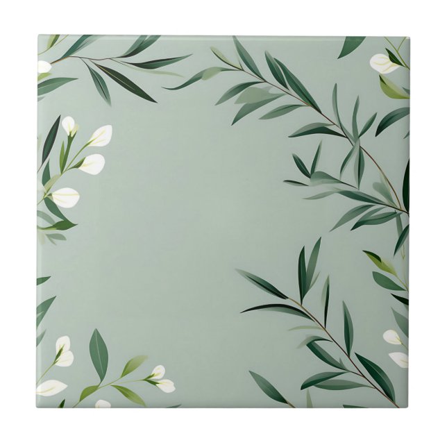 Minimalist Green Branches On Dusty Blue Ceramic Tile (Front)