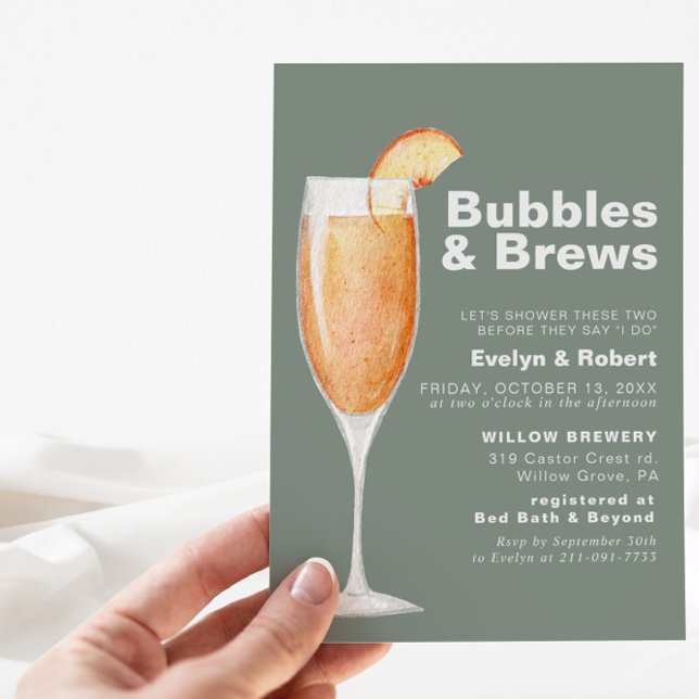 Minimalist Green Bubbles & Brews Bridal shower  Invitation (Creator Uploaded)
