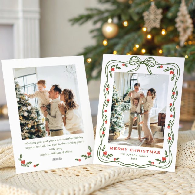 Minimalist Green Christmas Bow Ribbon 2 Photo Holiday Card (Creator Uploaded)