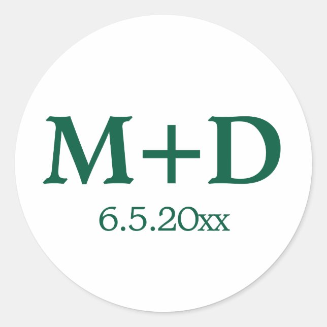 Minimalist Green Couple Initials & Date Classic Round Sticker (Front)