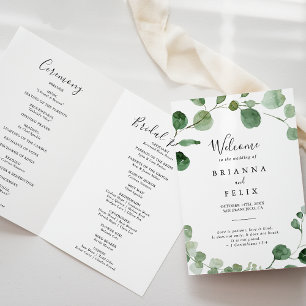 Minimalist Green Eucalyptus Folded Wedding Program
