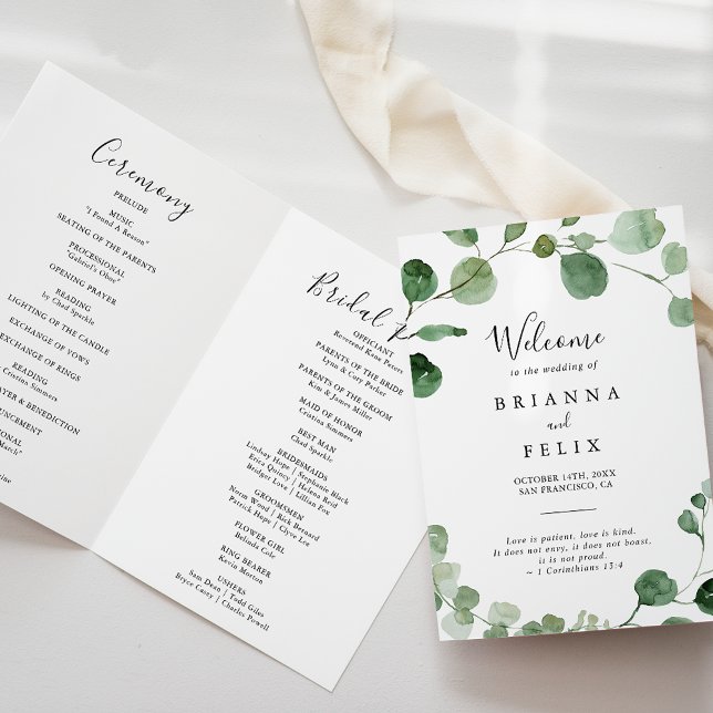 Minimalist Green Eucalyptus Folded Wedding Program (Creator Uploaded)